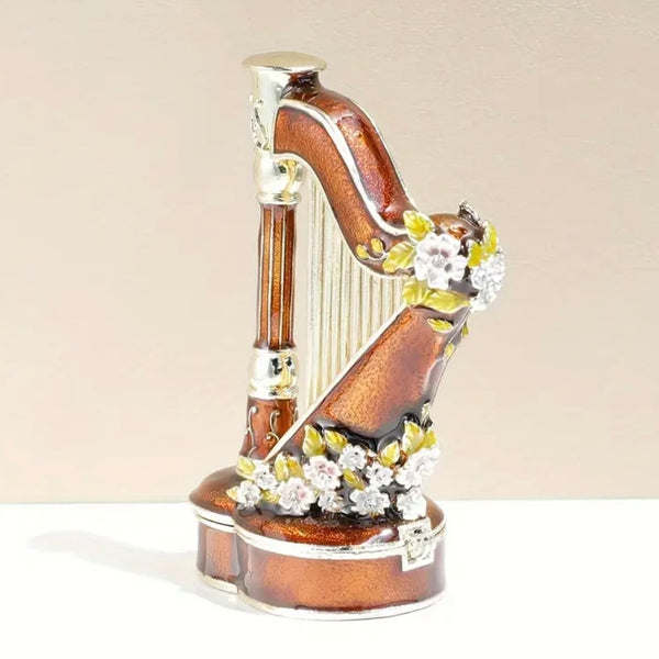 Vintage Style Hand Painted Enamel Harp Jewelry Trinket Box Magnetic Closure New