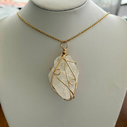 Stunning White Crystal Quartz Pendant Gold 22” Adjustable Necklace New