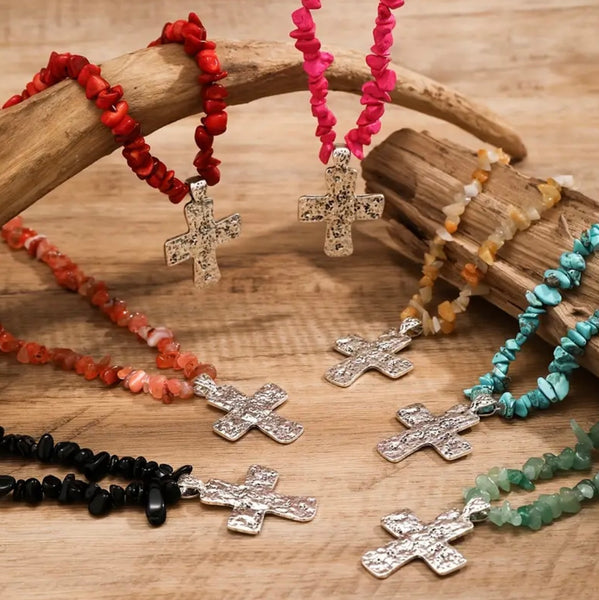 Cross Pendant Necklace Womens Boho Casual Natural Stone Chip Jewelry New