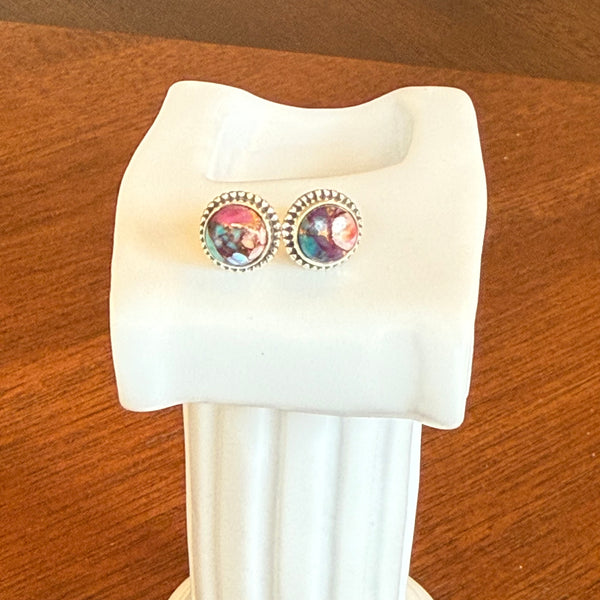 Southwestern Multi Color Dahlia Turquoise Dainty Stud Silver Earrings Handmade