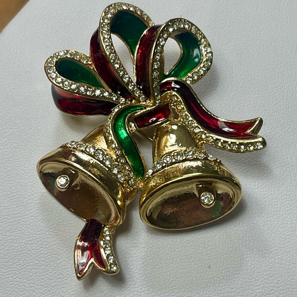Holiday Jingle Bell Brooch Womens Avon 2015 Christmas Rhinestone Enamel Pin
