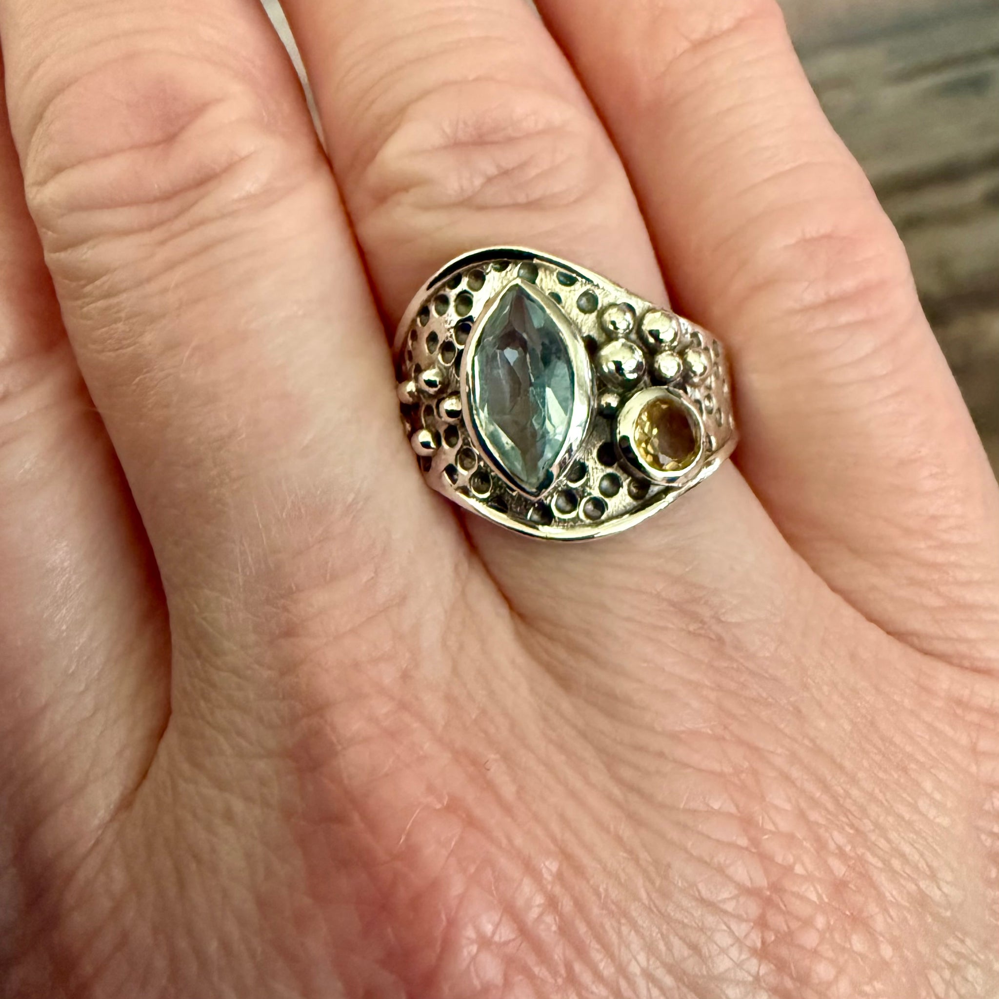 Natural Blue Topaz And Citrine Sterling Silver Ring Marquise Cut Bali Framed 7