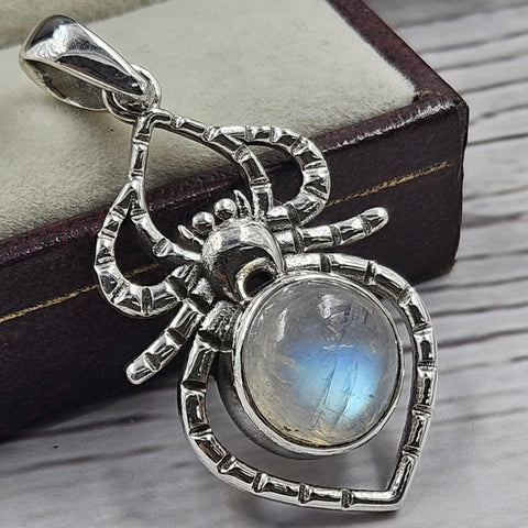 Round Rainbow Moonstone Spider Necklace Pendant Sterling Silver Southwestern