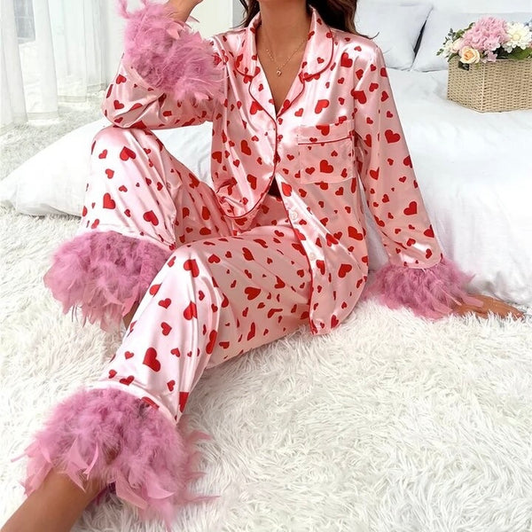 Satin Loungewear Set Heart Print Womens Feather Cuff Long Sleeve Button Down