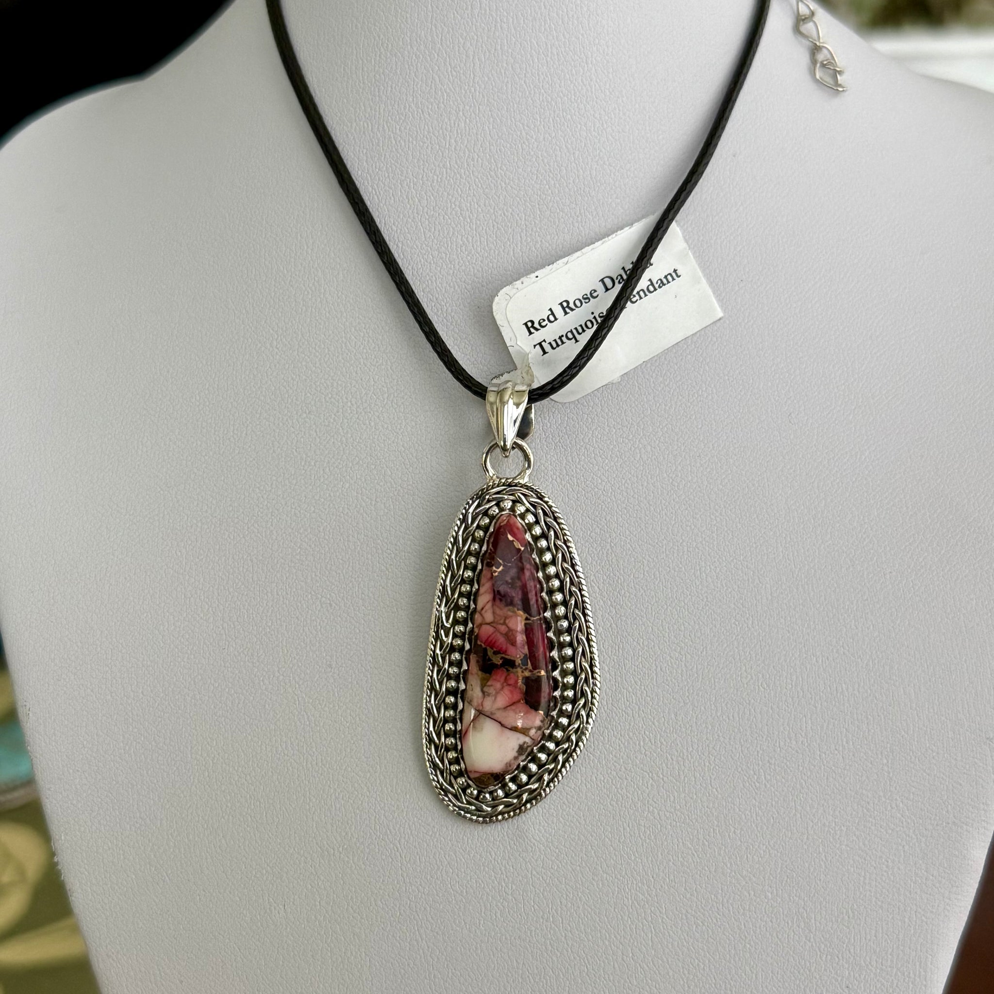 Southwestern Red Rose Dahlia Turquoise Abstract Sterling Silver Necklace Pendant