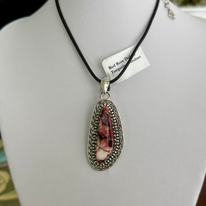 Southwestern Red Rose Dahlia Turquoise Abstract Sterling Silver Necklace Pendant