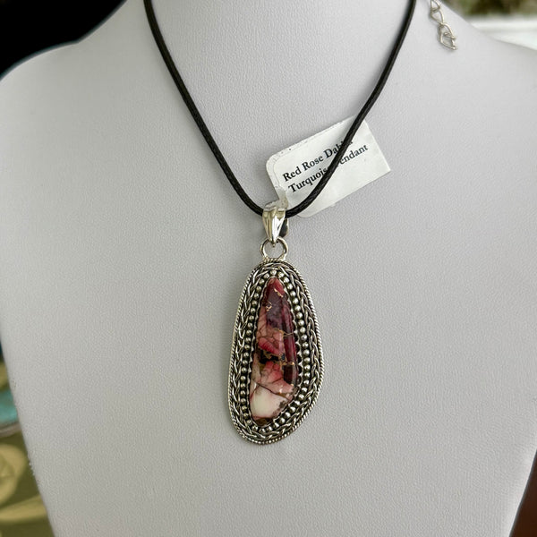 Southwestern Red Rose Dahlia Turquoise Abstract Sterling Silver Necklace Pendant