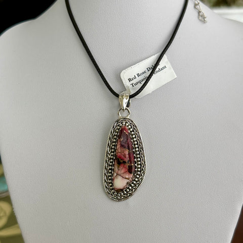 Southwestern Red Rose Dahlia Turquoise Abstract Sterling Silver Necklace Pendant