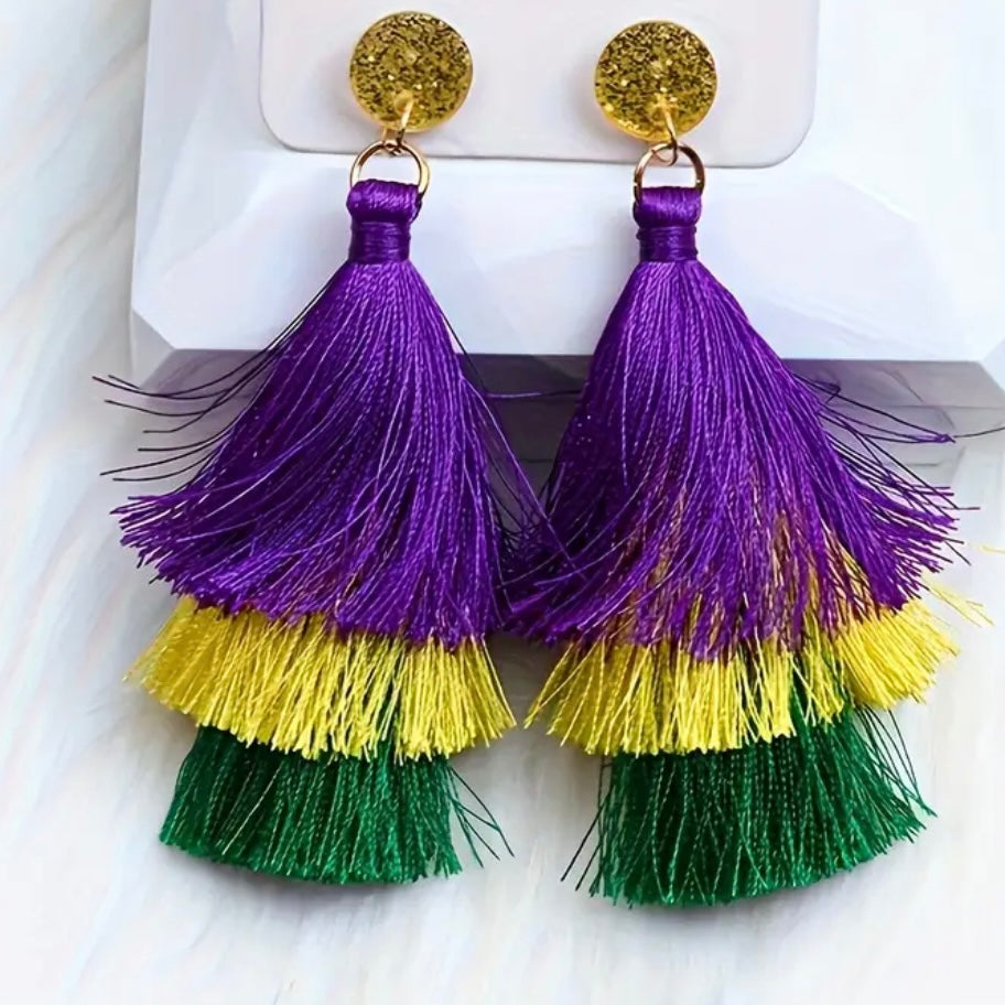 Mardi Gras Colorful Tassel Casual Party Earrings Vibrant Purple Green Yellow New