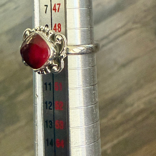 Southwestern Red Rose Dahlia Turquoise Dainty Square Ring Sterling Silver Size 5
