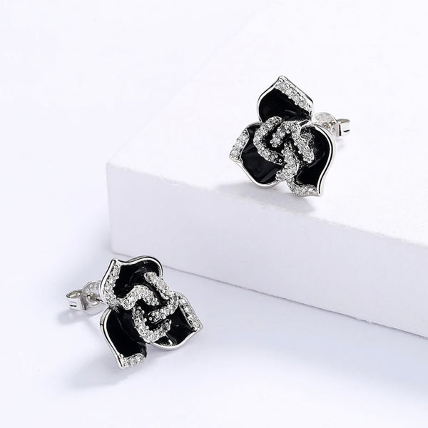 Sterling Silver Black Flower Enamel Drip Rhinestone Earrings Womens New