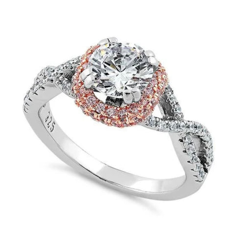 Sterling Silver Twisted Two Tone Rose Gold Vermeil Clear CZ Ring Size 6 New
