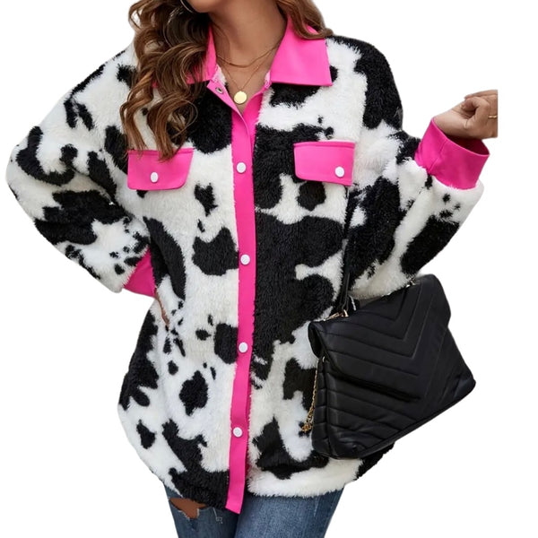 Oversized Cow Print Sherpa Snap Jacket With Snaps Womens Pink Size X Large New