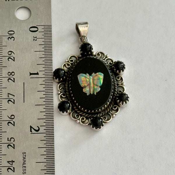 Southwestern Onyx And Opal Butterfly Cameo Oval Necklace Pendant Sterling Silver
