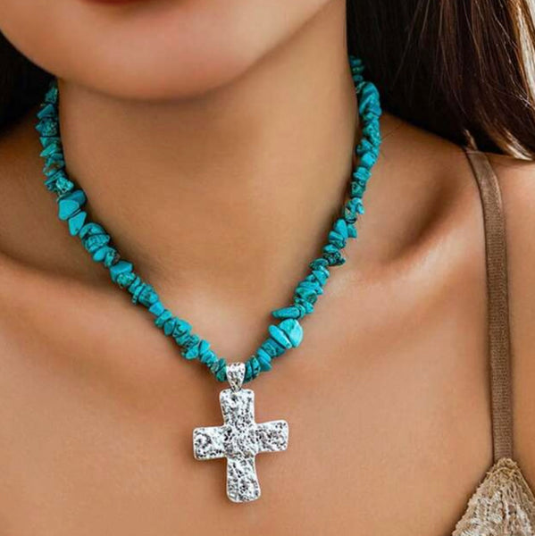 Cross Pendant Necklace Womens Boho Casual Natural Stone Chip Jewelry New