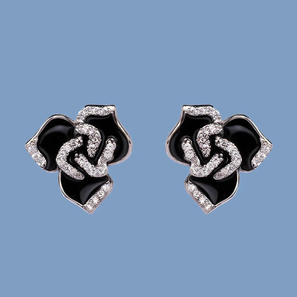 Sterling Silver Black Flower Enamel Drip Rhinestone Earrings Womens New