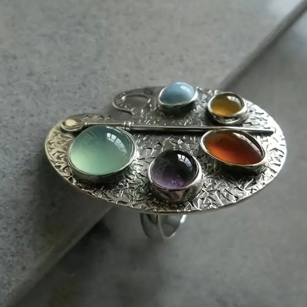 Rainbow Gemstone Painter Palette Design Womens Colorful Casual Adjustable Ring