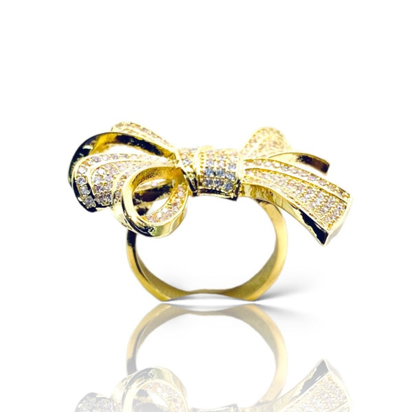 Rhinestone Bow Ring Womens Gold Plated Sterling Silver Statement Jewelry