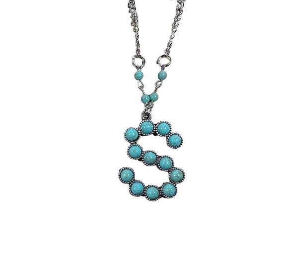 Western Boho Turquoise Initial Letter Pendant Chain Necklace