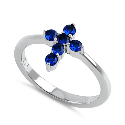Sterling Silver Cross Blue Sapphire CZ Ring Size 6 New