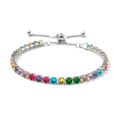Simulated Multi Color Diamond Tennis Bracelet with Bolo Slider in Silvertone 6-9Inches