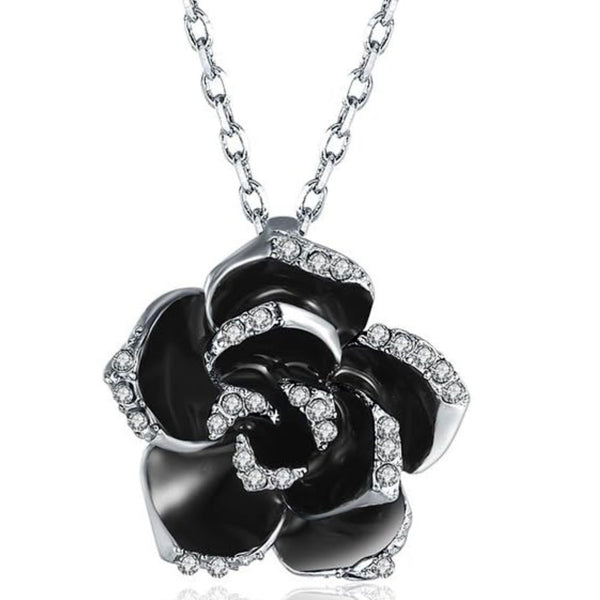Sterling Silver Black Flower Enamel Drip Rhinestone Necklace Womens New
