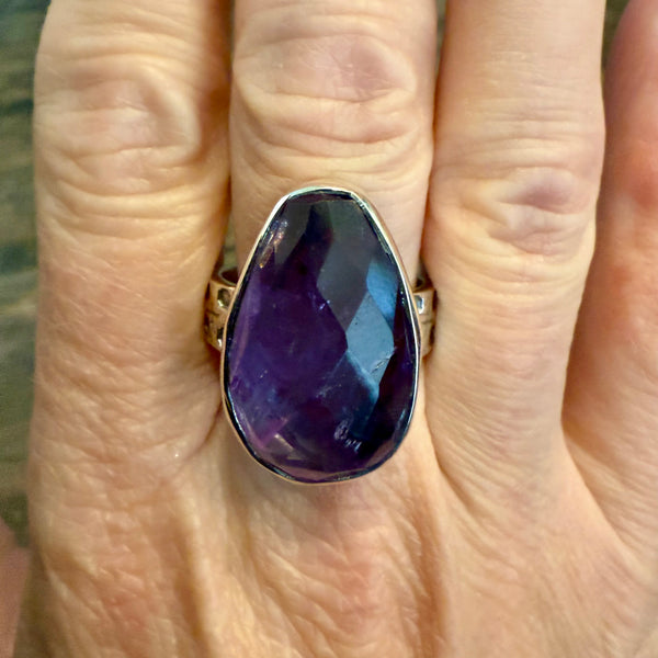 Natural Amethyst Faceted Teardrop Solitaire Sterling Silver Statement Ring Sz 10