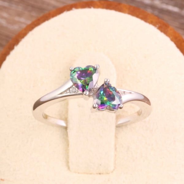 Sterling Silver Double Heart Rainbow Topaz CZ Ring