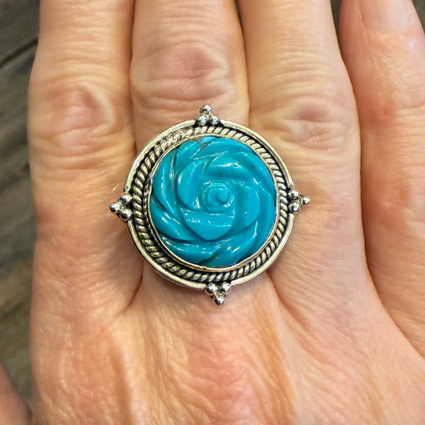 Turquoise Carved Rose Flower Round Framed Statement Ring Sterling Silver Size 8 New