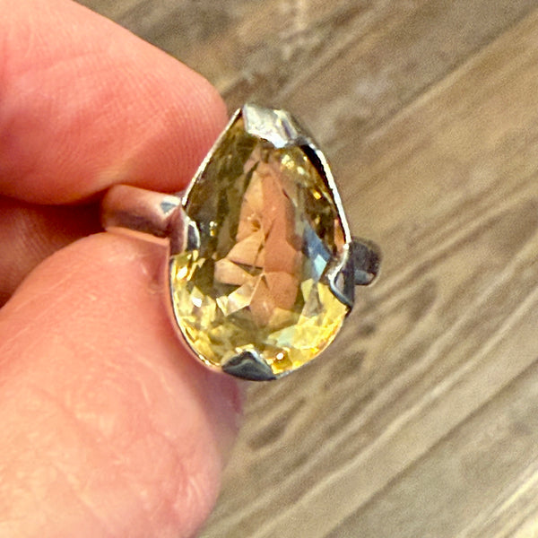 Stunning Faceted Genuine Solitaire Citrine Statement Teardrop Ring Size 8 New