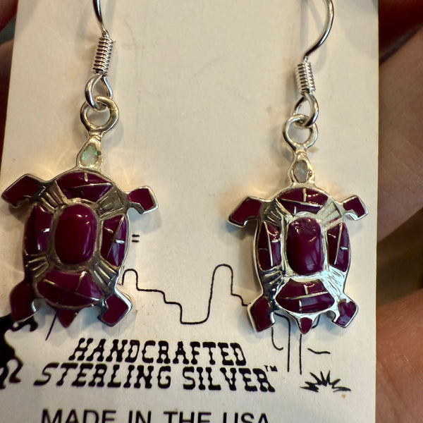 Navajo Made Mojave Purple Turquoise & Opal Turtle Sterling Silver Earrings New