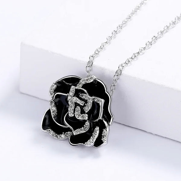 Sterling Silver Black Flower Enamel Drip Rhinestone Necklace Womens New