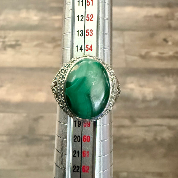Natural Malachite Bali Style Ring 925 Sterling Silver Oval Cabochon Size 8 New