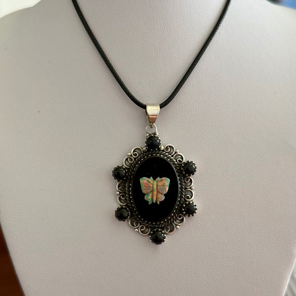 Southwestern Onyx And Opal Butterfly Cameo Oval Necklace Pendant Sterling Silver