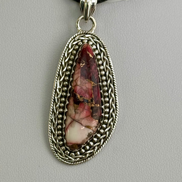 Southwestern Red Rose Dahlia Turquoise Abstract Sterling Silver Necklace Pendant