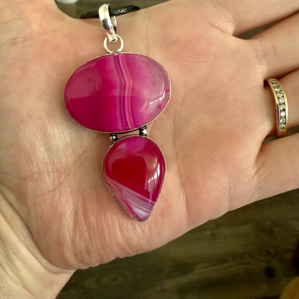 Pink Botswana Banded Agate Silver Long Necklace Boho Oval & Teardrop Pendant New