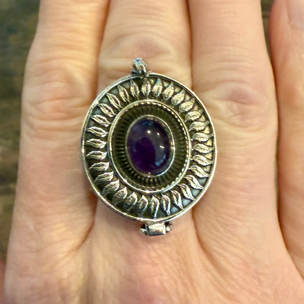 Natural Amethyst Cabochon Poison Pillbox Locket Ring Boho Sterling Silver New