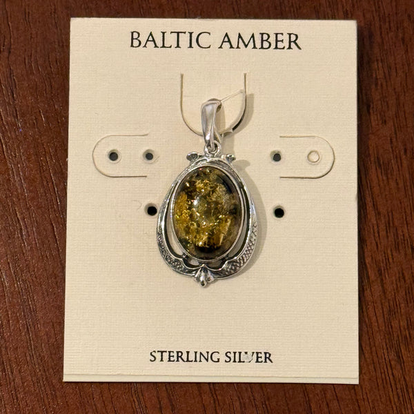 Natural Green Baltic Amber Oval Framed Pendant Necklace Sterling Silver New