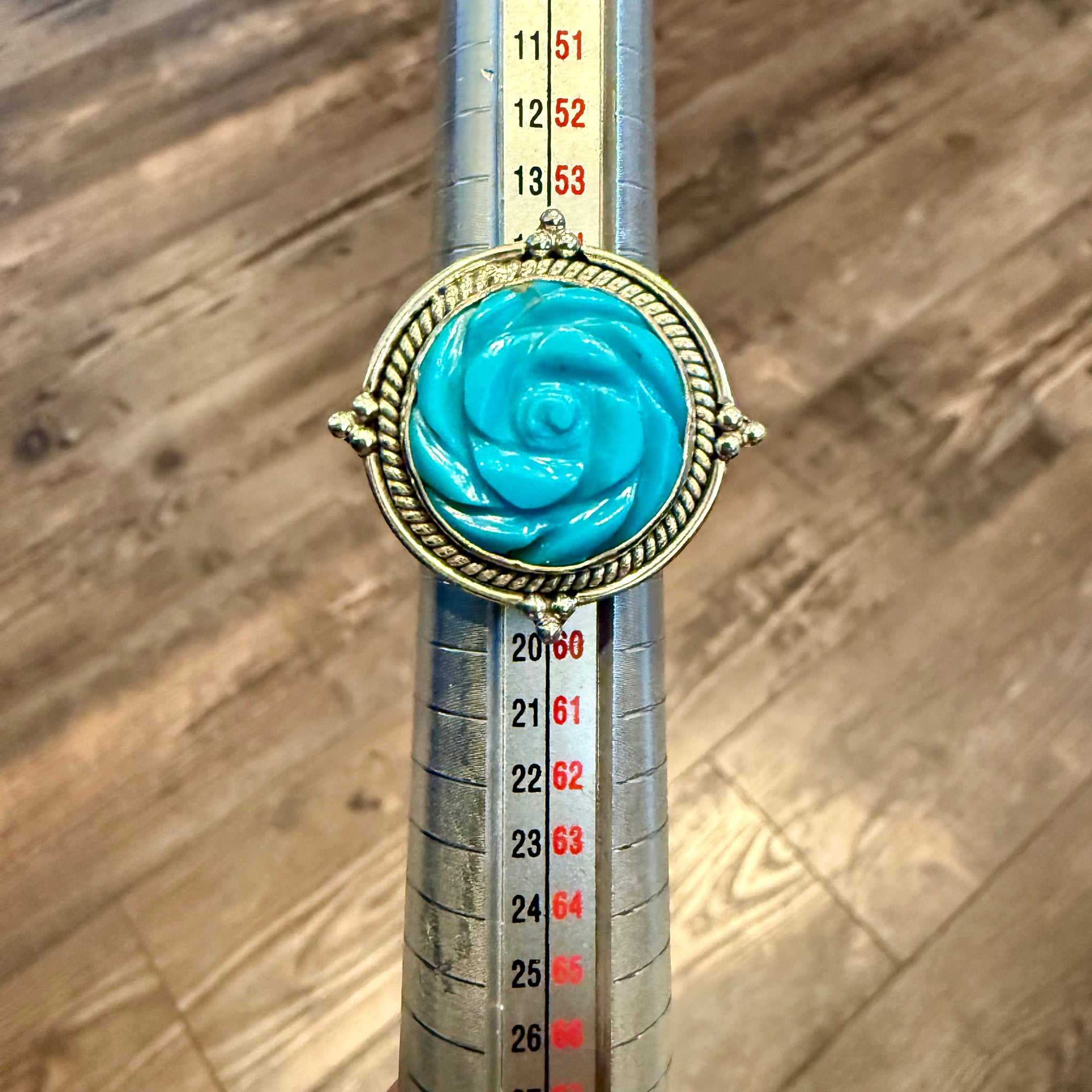 Turquoise Carved Rose Flower Round Framed Statement Ring Sterling Silver Size 8 New