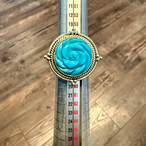 Turquoise Carved Rose Flower Round Framed Statement Ring Sterling Silver Size 8 New