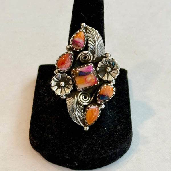 Spiny Turquoise Southwestern Statement Boho Ring Sterling Silver Floral Framed