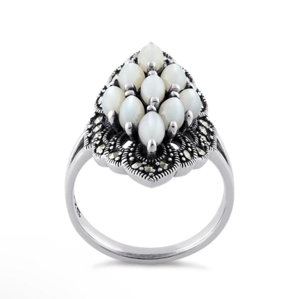 Sterling Silver Mother of Pearl Marquise Marcasite Ring Size 6 New