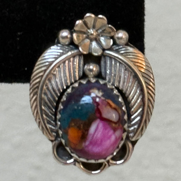 Southwestern Plum Spiny Oyster Turquoise Carved Floral Sterling Silver Earrings