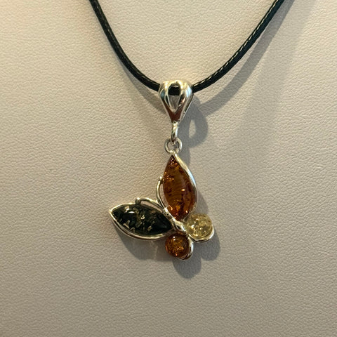 Stunning Butterscotch Green White Amber Butterfly Silver Pendant Necklace New