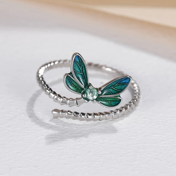 Sterling Silver Dragonfly Opening Ring Adjustable Ring Pave Setting CZ New