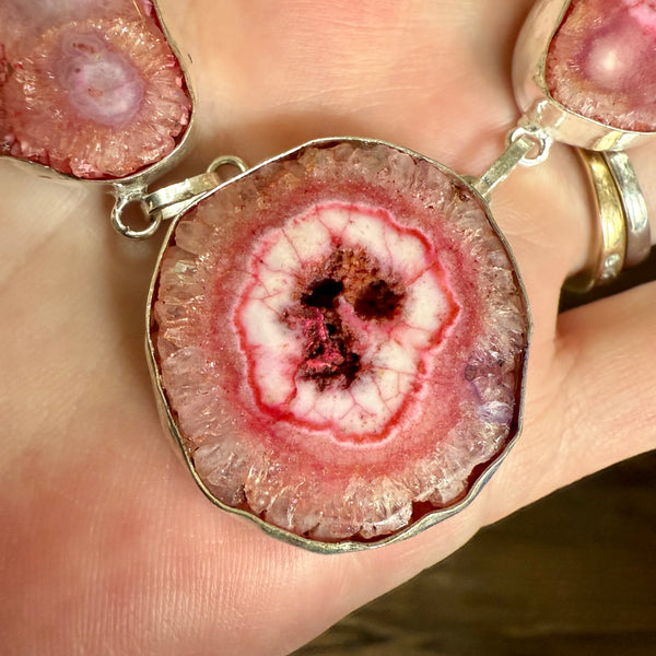 Vibrant Pink Druzy Solar Agate Quartz Gemstone Silver Boho Necklace New