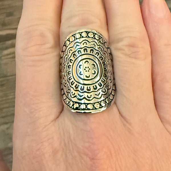 Solid 925 Sterling Silver Boho Floral Enchanted Shield Ring Size 6 New