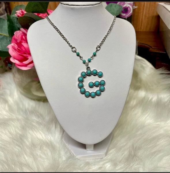 Western Boho Turquoise Initial Letter Pendant Chain Necklace