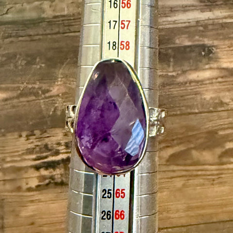 Natural Amethyst Faceted Teardrop Solitaire Sterling Silver Statement Ring Sz 10