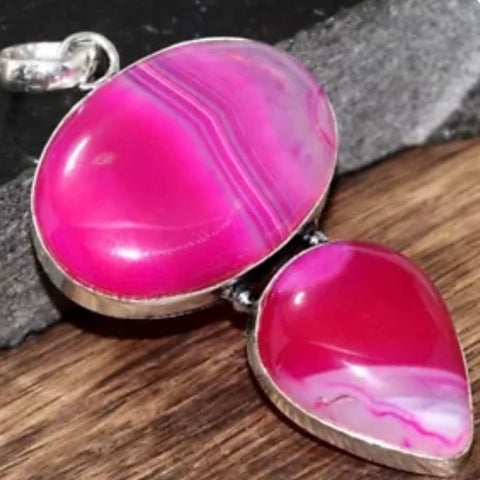 Pink Botswana Banded Agate Silver Long Necklace Boho Oval & Teardrop Pendant New